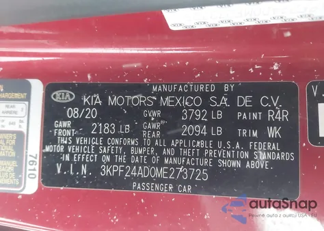 2021 Kia Forte Lxs z USA, uszkodzony, nr VIN 3KPF24AD0ME273725